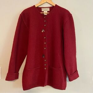 Mac & Jac Red Cardigan Sweater Classic wool. Horse embroidery.